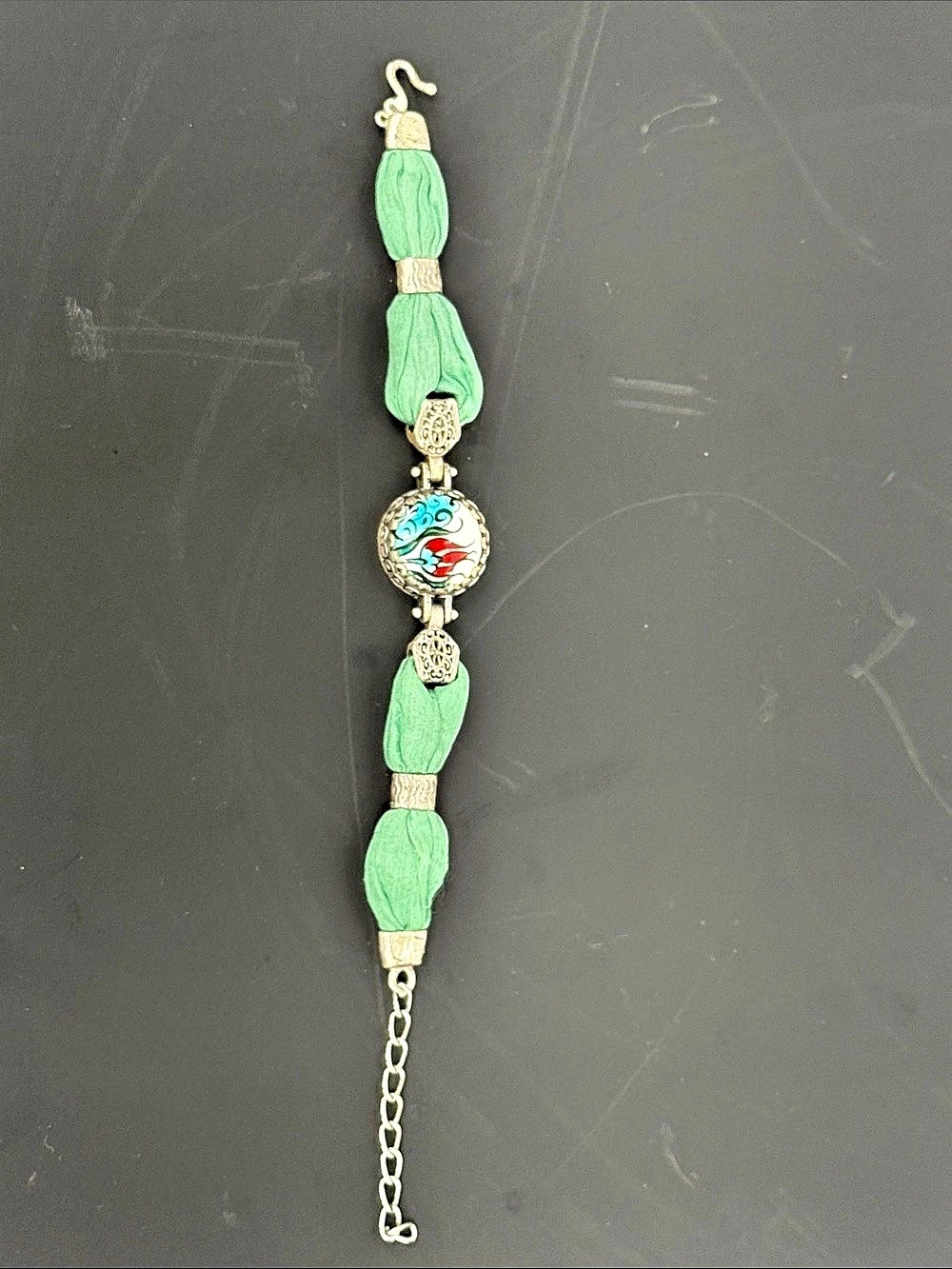 Turkish Ottoman Inspired Green Silk Bracelet with İznik Ceramic Tulip Cabochon